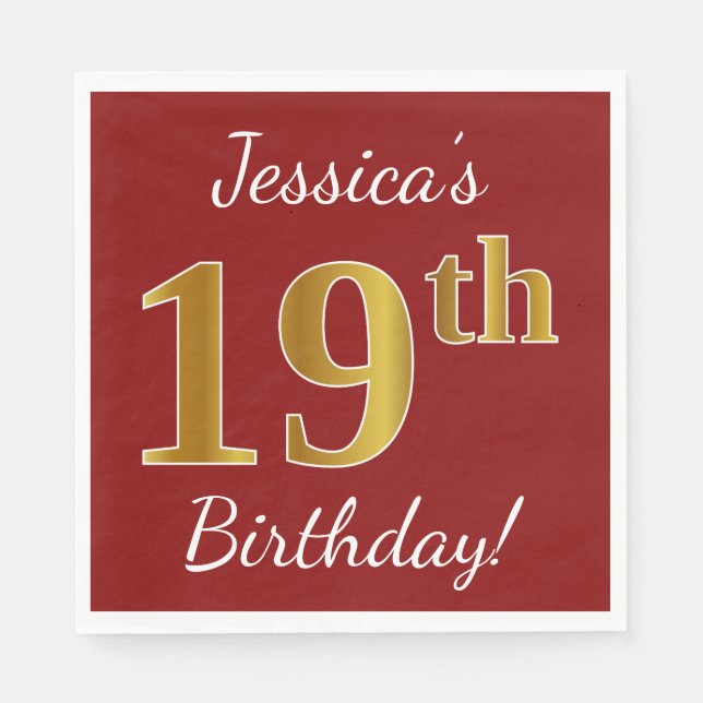 Red, Faux Gold 19th Birthday + Custom Name Paper Napkins (Front)