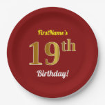 [ Thumbnail: Red, Faux Gold 19th Birthday + Custom Name Paper Plates ]