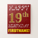 [ Thumbnail: Red, Faux Gold 19th Birthday + Custom Name Puzzle ]