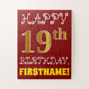 Red, Faux Gold 19th Birthday + Custom Name Puzzle