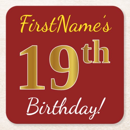 Red Faux Gold 19th Birthday  Custom Name Square Paper Coaster