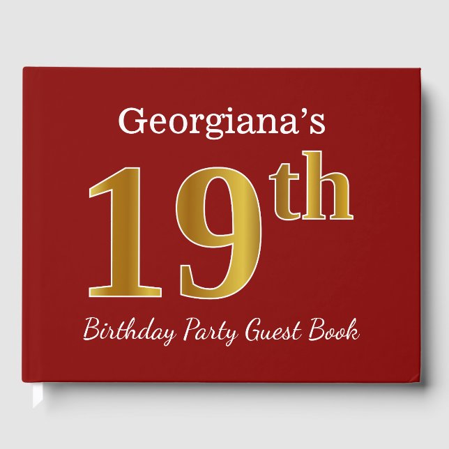 Red, Faux Gold 19th Birthday Party + Custom Name Guest Book (Front)