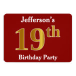 [ Thumbnail: Red, Faux Gold 19th Birthday Party + Custom Name Invitation ]