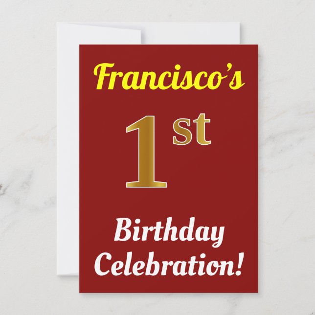 Red, Faux Gold 1st Birthday Celebration + Name Invitation (Front)