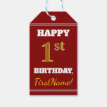 [ Thumbnail: Red, Faux Gold 1st Birthday + Custom Name Gift Tags ]