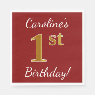 Red, Faux Gold 1st Birthday + Custom Name Paper Napkins