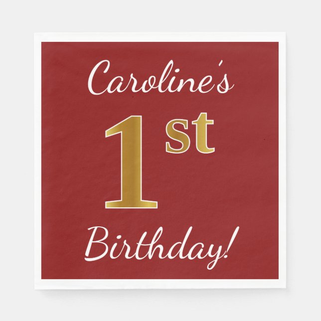 Red, Faux Gold 1st Birthday + Custom Name Paper Napkins (Front)