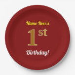 [ Thumbnail: Red, Faux Gold 1st Birthday + Custom Name Paper Plates ]