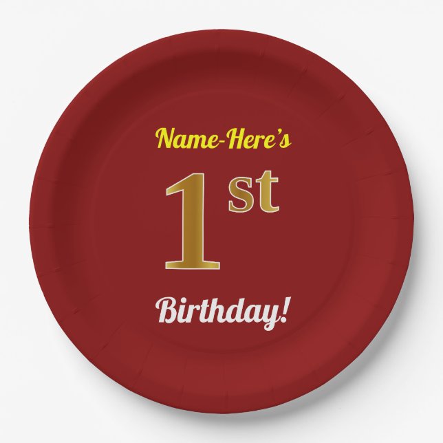 Red, Faux Gold 1st Birthday + Custom Name Paper Plates (Front)