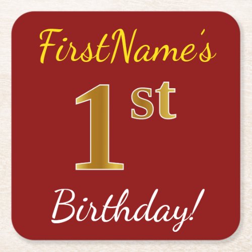 Red Faux Gold 1st Birthday  Custom Name Square Paper Coaster