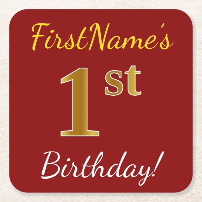 Red, Faux Gold 1st Birthday + Custom Name Square Paper Coaster (Front)