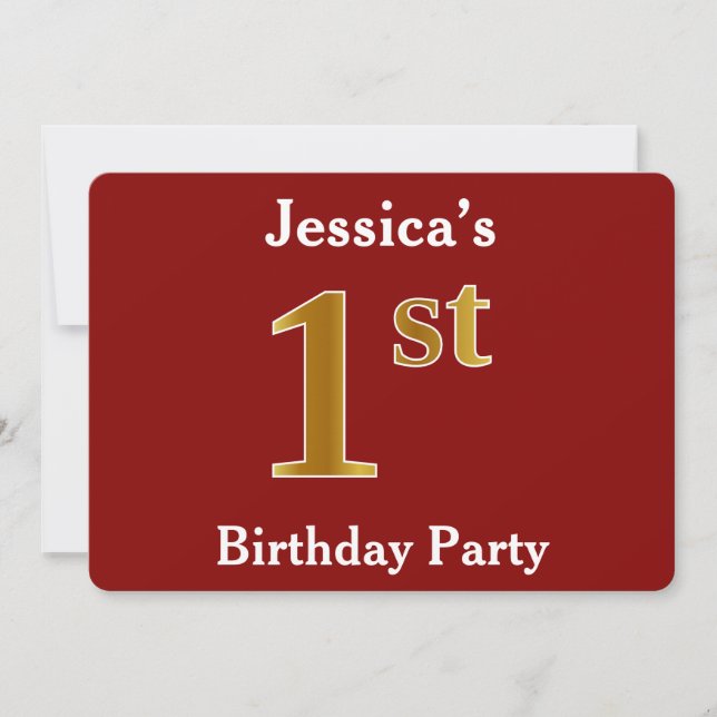 Red, Faux Gold 1st Birthday Party + Custom Name Invitation (Front)