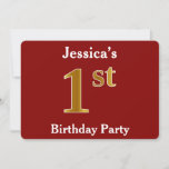 [ Thumbnail: Red, Faux Gold 1st Birthday Party + Custom Name Invitation ]