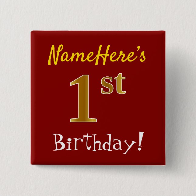 Red, Faux Gold 1st Birthday, With Custom Name Button (Front)