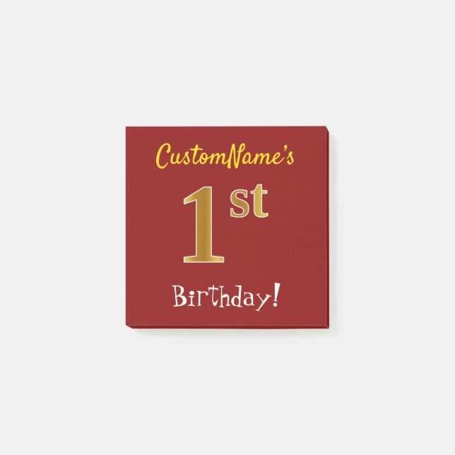 Red, Faux Gold 1st Birthday, With Custom Name Post-it Notes (Front)