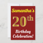 [ Thumbnail: Red, Faux Gold 20th Birthday Celebration + Name Invitation ]