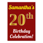 [ Thumbnail: Red, Faux Gold 20th Birthday Celebration + Name Invitation ]