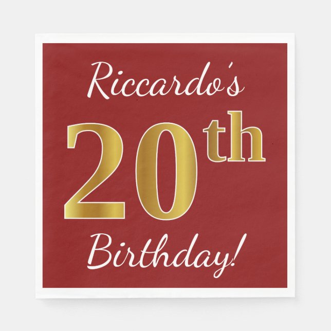 Red, Faux Gold 20th Birthday + Custom Name Napkins (Front)