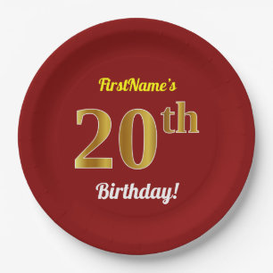 Red, Faux Gold 20th Birthday + Custom Name Paper Plates