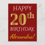 [ Thumbnail: Red, Faux Gold 20th Birthday + Custom Name Postcard ]