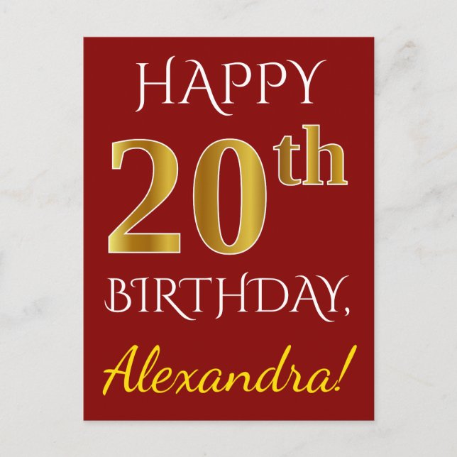 Red, Faux Gold 20th Birthday + Custom Name Postcard (Front)