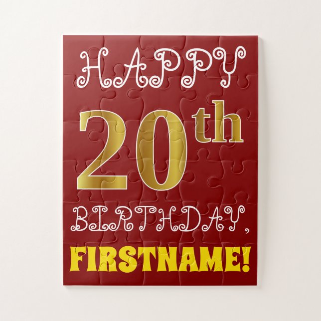 Red, Faux Gold 20th Birthday + Custom Name Puzzle (Vertical)