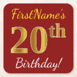 [ Thumbnail: Red, Faux Gold 20th Birthday + Custom Name Paper Coaster ]