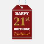 [ Thumbnail: Red, Faux Gold 21st Birthday + Custom Name Gift Tags ]
