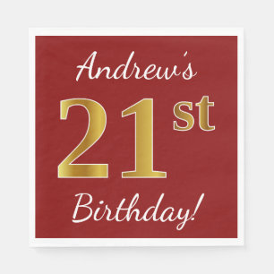 Red, Faux Gold 21st Birthday + Custom Name Napkins