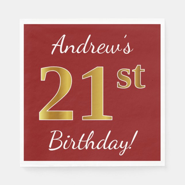Red, Faux Gold 21st Birthday + Custom Name Napkins (Front)