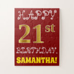 [ Thumbnail: Red, Faux Gold 21st Birthday + Custom Name Puzzle ]