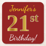 [ Thumbnail: Red, Faux Gold 21st Birthday + Custom Name Paper Coaster ]