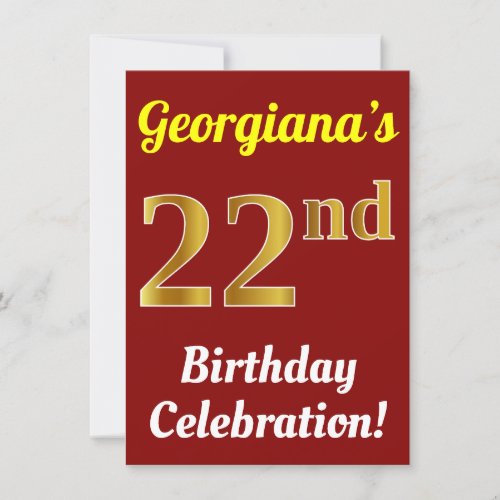 Red Faux Gold 22nd Birthday Celebration  Name Invitation