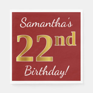 Red, Faux Gold 22nd Birthday + Custom Name Napkins