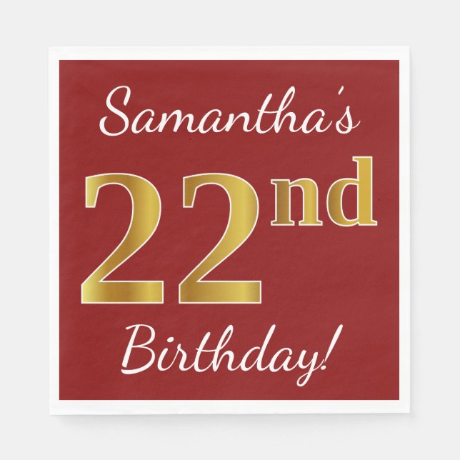 Red, Faux Gold 22nd Birthday + Custom Name Napkins (Front)