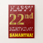 [ Thumbnail: Red, Faux Gold 22nd Birthday + Custom Name Puzzle ]