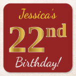 [ Thumbnail: Red, Faux Gold 22nd Birthday + Custom Name Paper Coaster ]