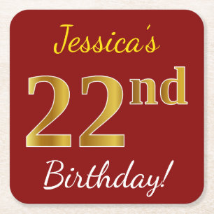 Red, Faux Gold 22nd Birthday + Custom Name Square Paper Coaster