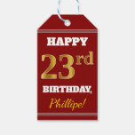 [ Thumbnail: Red, Faux Gold 23rd Birthday + Custom Name Gift Tags ]