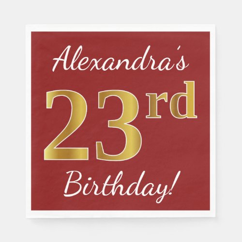 Red Faux Gold 23rd Birthday  Custom Name Napkins