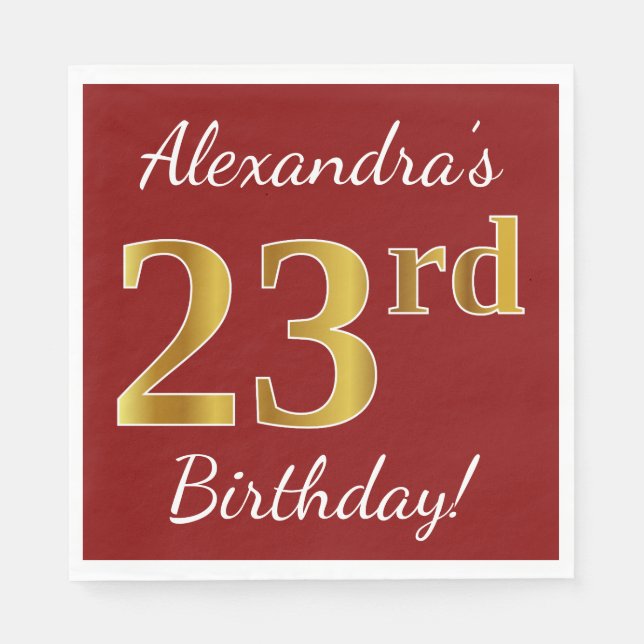 Red, Faux Gold 23rd Birthday + Custom Name Napkins (Front)
