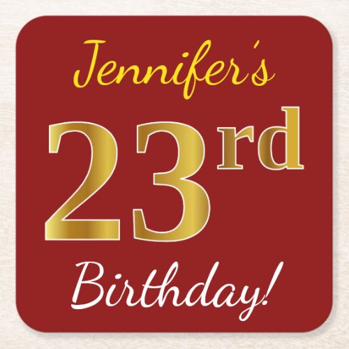 Red Faux Gold 23rd Birthday  Custom Name Square Paper Coaster