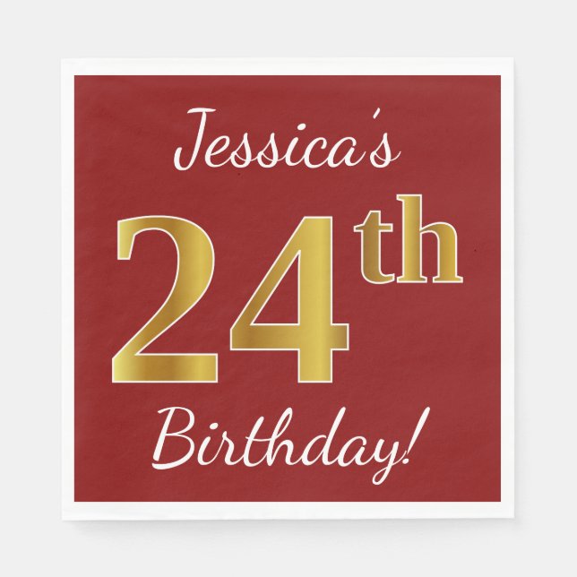 Red, Faux Gold 24th Birthday + Custom Name Napkins (Front)