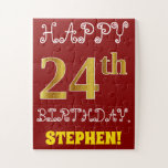 [ Thumbnail: Red, Faux Gold 24th Birthday + Custom Name Puzzle ]