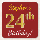 [ Thumbnail: Red, Faux Gold 24th Birthday + Custom Name Paper Coaster ]