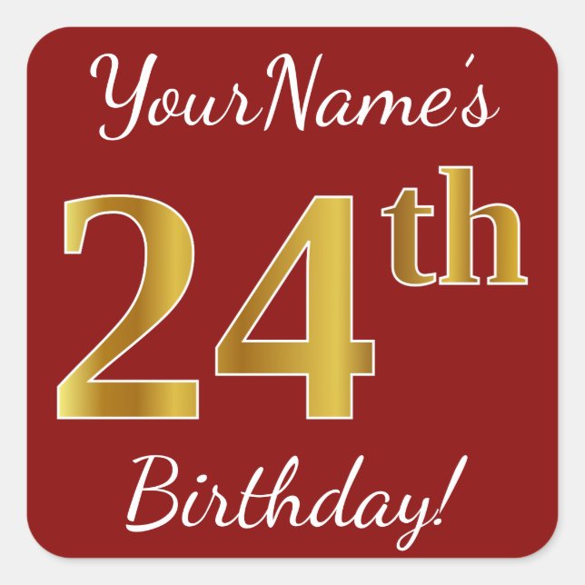Red, Faux Gold 24th Birthday + Custom Name Sticker (Front)
