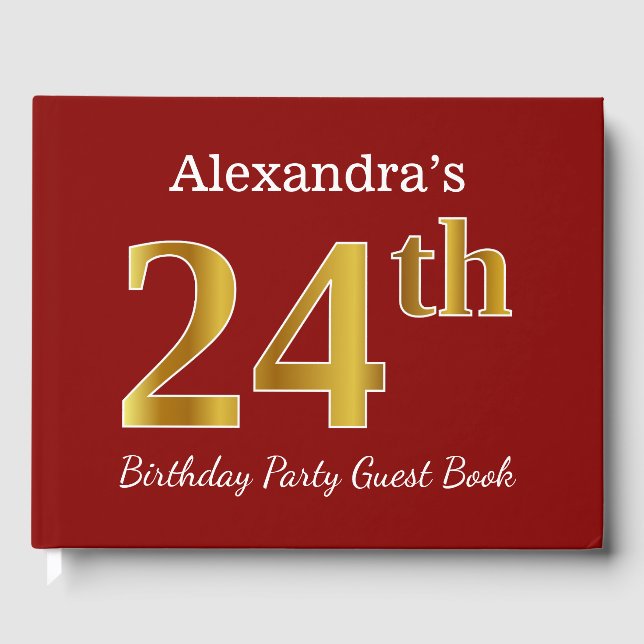 Red, Faux Gold 24th Birthday Party + Custom Name Guest Book (Front)