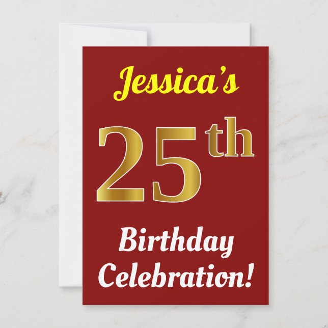 Red, Faux Gold 25th Birthday Celebration + Name Invitation (Front)