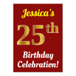 [ Thumbnail: Red, Faux Gold 25th Birthday Celebration + Name Invitation ]