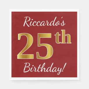 Red, Faux Gold 25th Birthday + Custom Name Paper Napkins